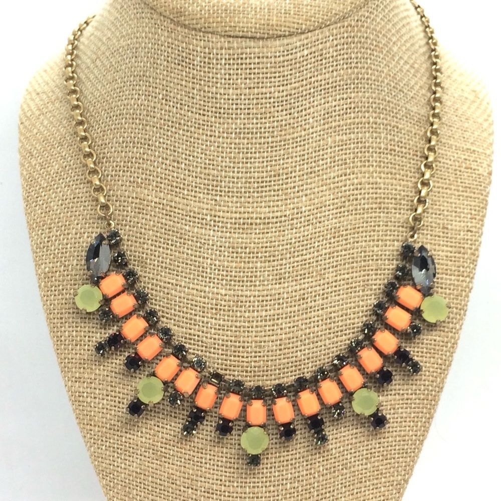 J CREW NECKLACE Crystal Rhinestone Bib Collar Gold Tone Statement